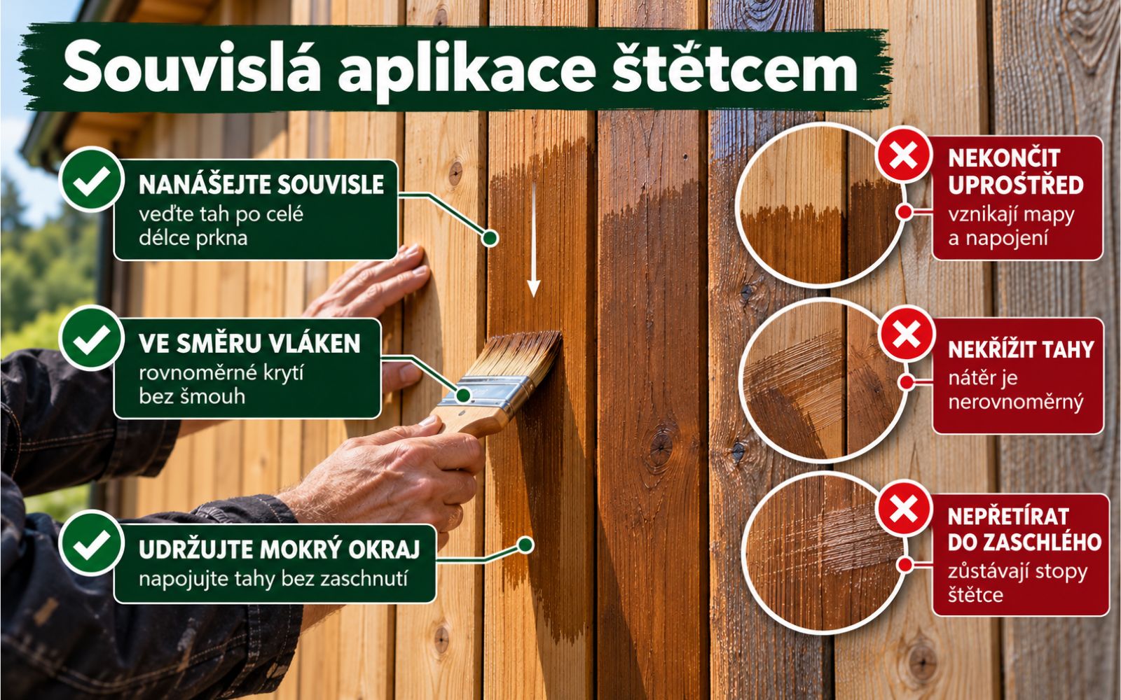 Souvislá aplikace štětcem na dřevěné fasádě při práci s Rubio Woodcream.